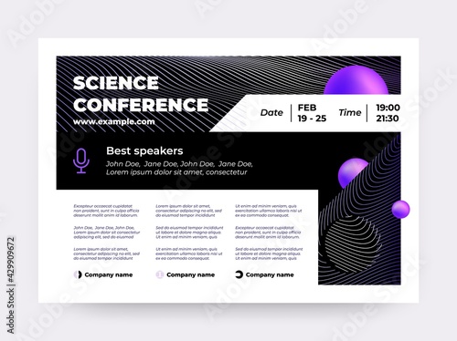 Online conference invitation. Webinar banner, scientific event web announcement. Digital training or business seminar poster. Vector flyer with place for date and public speakers names