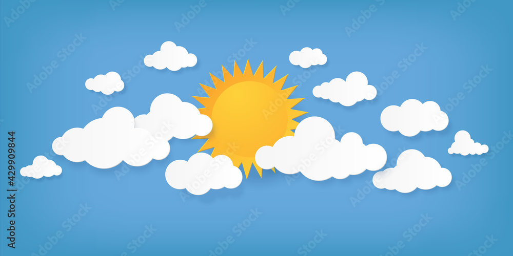 Paper cut clouds. Origami cloudscape. Sun and cloudy shapes on blue background. Creative minimal applique. Sunny weather forecast mockup. Summer daytime sky. Vector natural illustration Paper cut clouds. Origami cloudscape. Sun and cloudy shapes on blue background. Creative minimal applique. Sunny weather forecast mockup. Summer daytime sky. Vector natural illustration