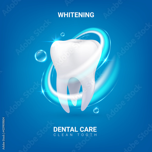 Dental care. Realistic clean 3D tooth. Whitening enamel or oral hygiene. Dentist service advertising banner with lettering. Professional teeth treatment. Vector dentistry and healthcare
