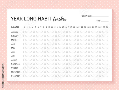 Habit tracker. Template habit diary for year. Vector illustration. Journal planner with bullets. Layout for daily goal list. Simple design. Horizontal, landscape orientation. Paper size A4. photo