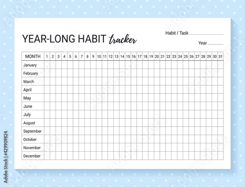 Year-long habit tracker. template habit diary. Journal planner with bullets. Vector illustration. Goal list on dotted background. Simple design. Horizontal, landscape orientation. Paper size A4.