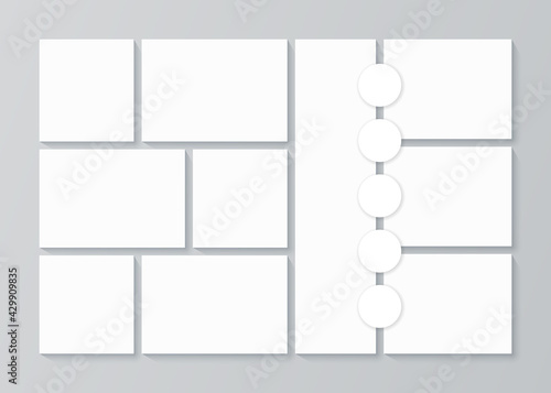 Moodboard template. Photo collage. Vector. Mood board design. Pictures grid with circles. Mosaic frame banner. Photography album layout. Branding presentation. Minimalistic illustration