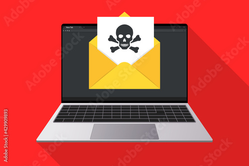 Laptop and envelope with  document and skull icon. Virus, malware, email fraud, e-mail spam, phishing scam, hacker attack