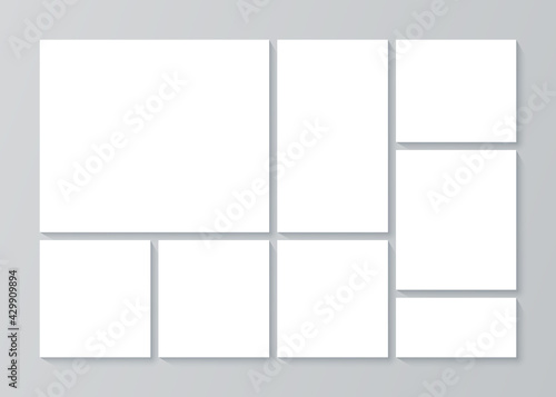 Moodboard template. Photo collage. Mood board background. Vector. Mosaic frame banner. Picture grid. Photography album layout. Branding presentation. Horizontal mockup. Minimalistic illustration