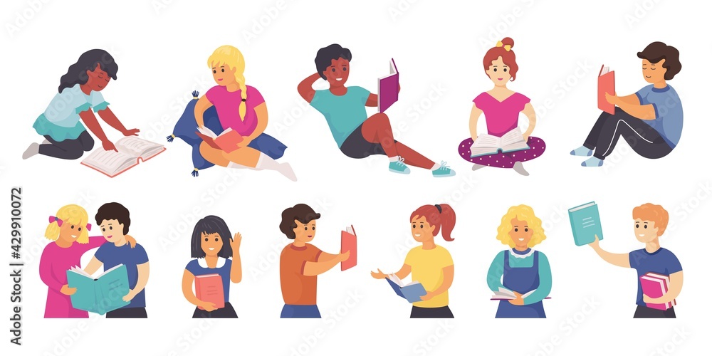 Reading children. School characters standing and sitting with books. People study or read entertainment literature. Boys and girls get knowledge from textbooks. Vector clever kids set Reading children. School characters standing and sitting with books. People study or read entertainment literature. Boys and girls get knowledge from textbooks. Vector clever kids set