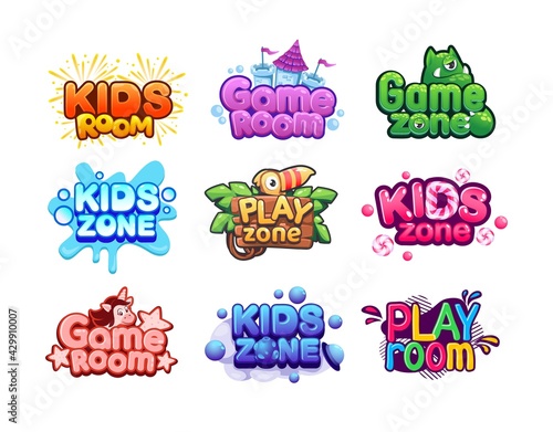 Play room logo. Kids zone banners. Baby entertainment area. Fun activity playground stickers set. Colorful badges with unicorn or monster and bright lettering. Vector playroom signs