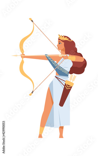 Artemis Greek goddess. Ancient god of hunt. Cartoon mythological divine character shoots from golden bow. Young woman in white toga and wreath with arrows. Vector antique Olympic deity