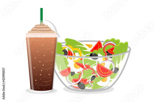 Salad Bowl and Frappe coffee in disposable plastic cup with straw