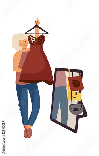 Woman chooses dress. Clothing store. Shopping concept. Female trying on apparel and accessories in fitting room. Customer buys garment in boutique. Vector selection of fashionable clothes