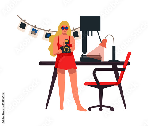 Woman with camera work at home. Photographer developing films. Young female character shooting photographs. Retro method of making snapshots. Vector cute girl working in photo studio