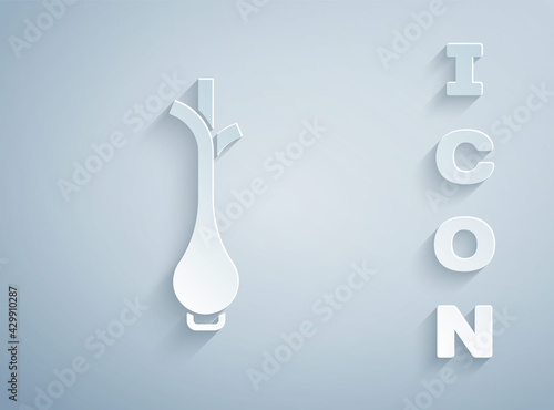 Paper cut Bunch of fresh green onions icon isolated on grey background. Paper art style. Vector