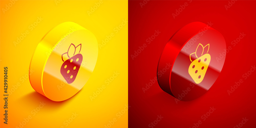 Isometric Strawberry icon isolated on orange and red background. Circle button. Vector Isometric Strawberry icon isolated on orange and red background. Circle button. Vector