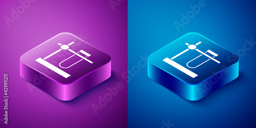 Isometric Glass test tube flask on stand icon isolated on blue and purple background. Laboratory equipment. Square button. Vector