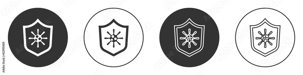 Black Shield protecting from virus, germs and bacteria icon isolated on white background. Immune system concept. Corona virus 2019-nCoV. Circle button. Vector Black Shield protecting from virus, germs and bacteria icon isolated on white background. Immune system concept. Corona virus 2019-nCoV. Circle button. Vector