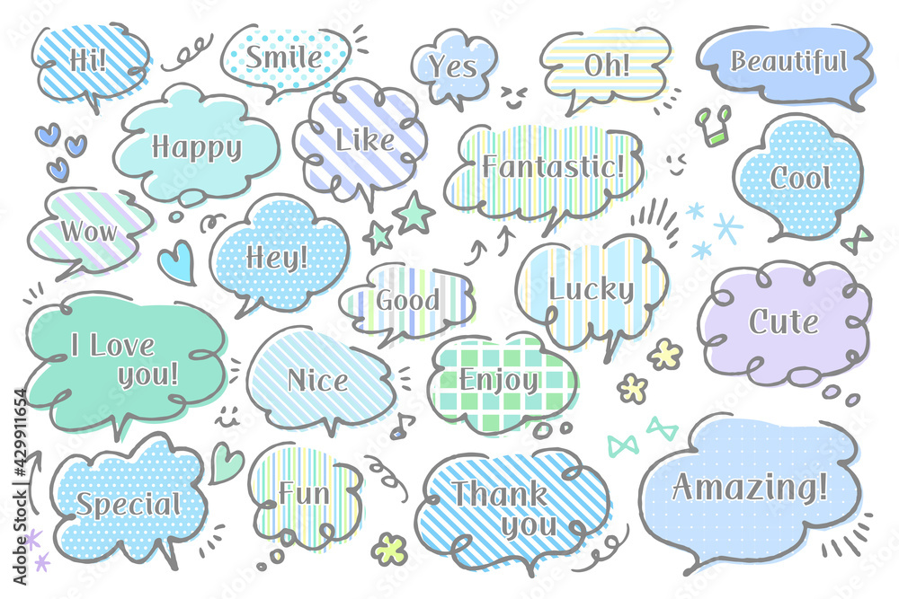 可愛い柄パターンのふきだしセット ブルー系 文字付き Stock Vector Adobe Stock