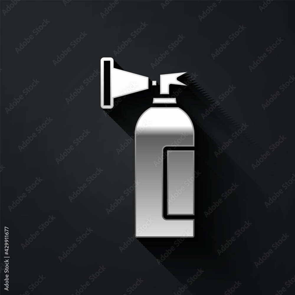 Silver Fire extinguisher icon isolated on black background. Long shadow style. Vector Silver Fire extinguisher icon isolated on black background. Long shadow style. Vector