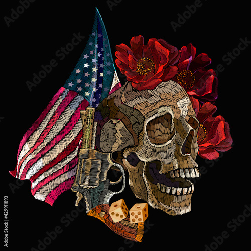 Embroidery skulls, roses flowers, brass knuckles and rippled American flag. Bikers lifestyle background. Template for clothes, t-shirt design. Street culture style