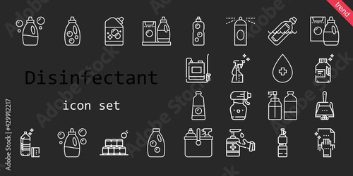 disinfectant icon set. line icon style. disinfectant related icons such as cleaning, alcohol, detergent, antiseptic, spray, sprayer, spray bottle, bottles, dustpan, bottle