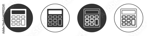 Black Calculator icon isolated on white background. Accounting symbol. Business calculations mathematics education and finance. Circle button. Vector