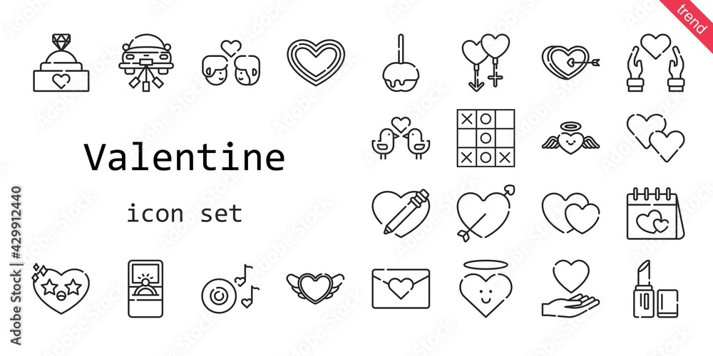 valentine icon set. line icon style. valentine related icons such as love, couple, engagement ring, caramelized apple, lipstick, heart, cupid, wedding car, romantic