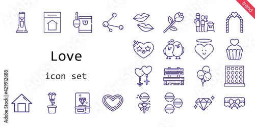 love icon set. line icon style. love related icons such as couple, father and son, bench, balloons, candy, garter, lollipop, macarons, kiss, heart, home, milkshake