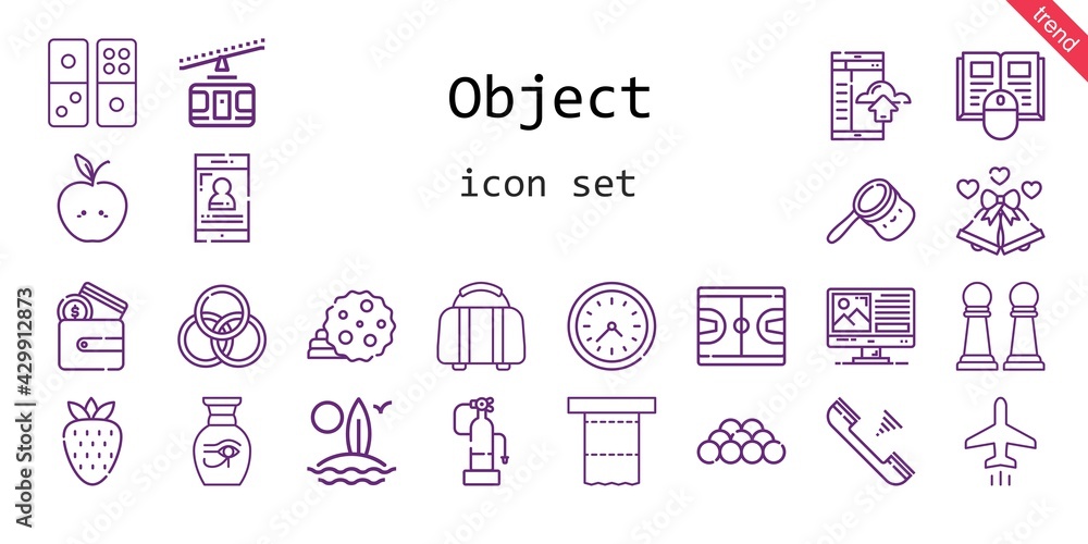 object icon set. line icon style. object related icons such as plane, fire extinguisher, smartphone, wallet, cookie, surfboard, cable car, book, strawberry, bag, wall clock