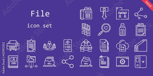 file icon set. line icon style. file related icons such as shredder, file transfer, usb, contract, team, biography, filing cabinet, clipboard, download, folder, s, share, magnifying glass