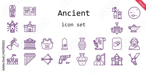 ancient icon set. line icon style. ancient related icons such as aristotle, gun, artemis, egypt, castle, death, chandelier, mummy, vase, sculpture, flute, literature