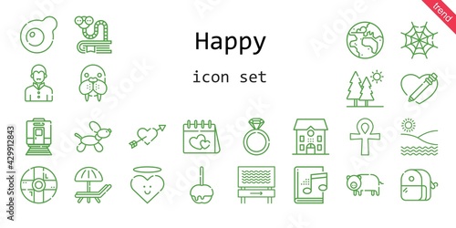 happy icon set. line icon style. happy related icons such as audiobook, egg, engagement ring, cross, caramelized apple, trees, heart, pig, bookworm, cupid, spider web