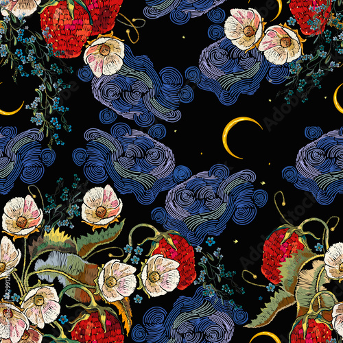 Strawberry plant with leaves, red berries and white flower. Night sky and golden moon. Summer garden art. Embroidery seamless pattern. Fashion template for clothes, textiles and t-shirt design