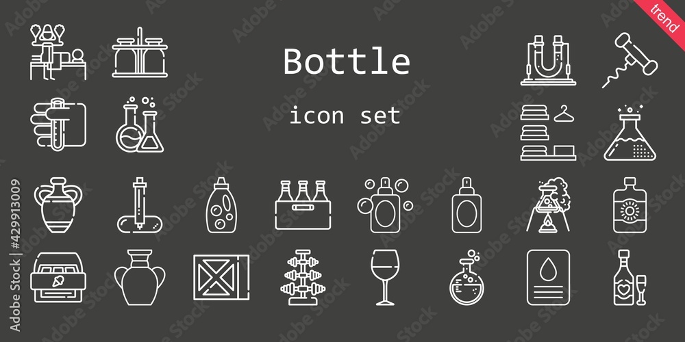 bottle icon set. line icon style. bottle related icons such as sun lotion, wine glass, test tube, dumbbell, vase, perfume, detergent, laundry, corkscrew, pipette, milk jar, flask, massage, cabinet bottle icon set. line icon style. bottle related icons such as sun lotion, wine glass, test tube, dumbbell, vase, perfume, detergent, laundry, corkscrew, pipette, milk jar, flask, massage, cabinet