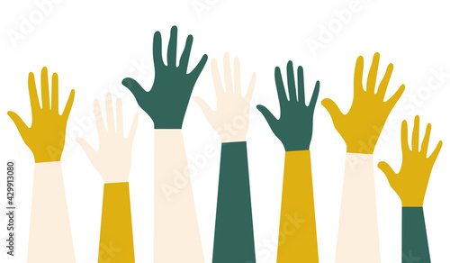 International Youth Day. Voting in elections. Fight for equal rights. Silhouettes of hands of guys and girls of different nationalities and religions. Festive poster in trendy colors. Vector graphics.