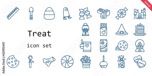 treat icon set. line icon style. treat related icons such as cake slice, scoop, cookie, candy, caramelized apple, trick, cookies, smore, candy machine, ghost, witch hat, bones, chocolate,