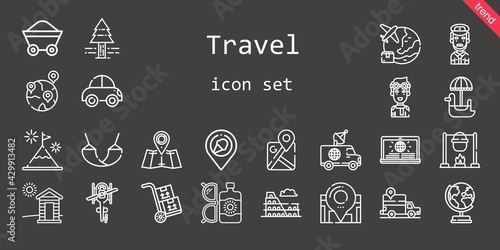 travel icon set. line icon style. travel related icons such as news, sun lotion, colosseum, van, pine tree, pilot, earth globe, wagon, pedal boat, cabin, gps, captain, packs, google maps, mountain