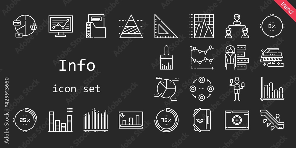 info icon set. line icon style. info related icons such as brush, line chart, square, escalator, folder, paint brush, percentage, bar chart, pie chart, pyramid, structure