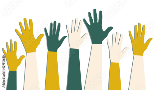 International Youth Day. Voting in elections. Fight for equal rights. Silhouettes of hands of guys and girls of different nationalities and religions. Festive poster in trendy colors. Vector graphics.