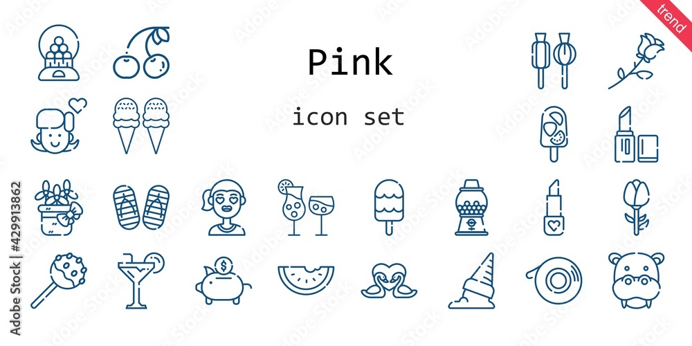 pink icon set. line icon style. pink related icons such as cherry, piggy bank, cocktails, lollipop, lipstick, girl, swans, popsicle, cake pop, flower, hippopotamus, ice 