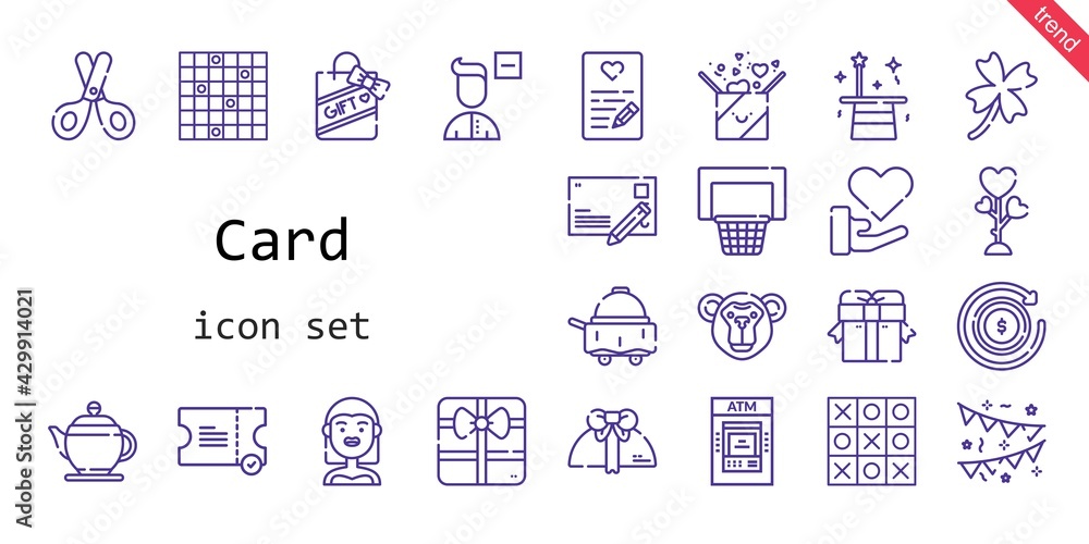 card icon set. line icon style. card related icons such as love, gift, bride, monkey, ticket, clover, teapot, garlands, remove user, scissors, basketball, postcard, tic tac toe card icon set. line icon style. card related icons such as love, gift, bride, monkey, ticket, clover, teapot, garlands, remove user, scissors, basketball, postcard, tic tac toe