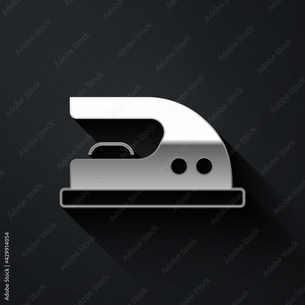 Silver Electric iron icon isolated on black background. Steam iron. Long shadow style. Vector