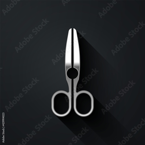 Silver Scissors icon isolated on black background. Tailor symbol. Cutting tool sign. Long shadow style. Vector