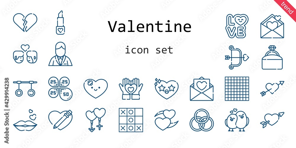valentine icon set. line icon style. valentine related icons such as love, couple, groom, engagement ring, broken heart, lipstick, kiss, petals, heart, cupid, rings, love birds,