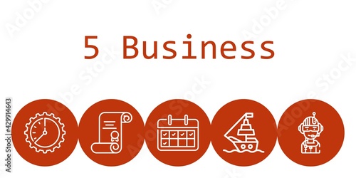 5 business background concept with 5 business icons. Icons related calendar, pilot, degree, ship, wall clock