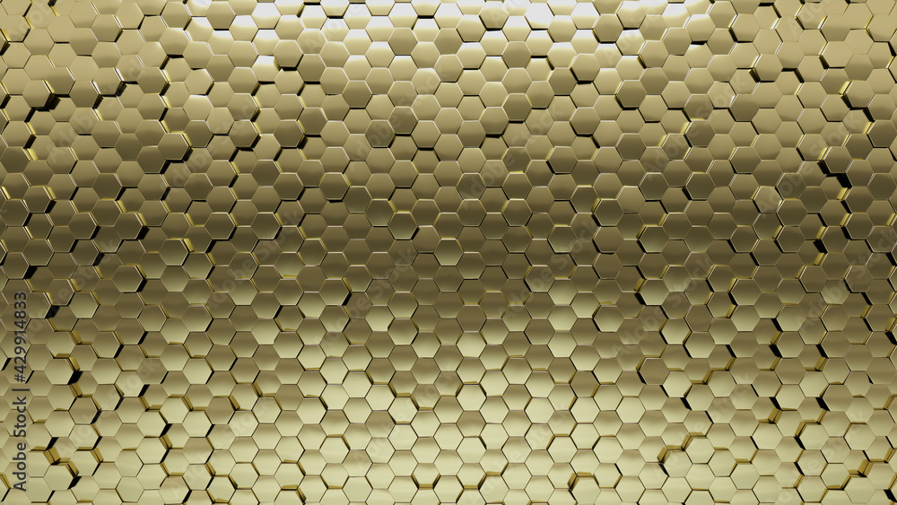 Gold, Glossy Mosaic Tiles arranged in the shape of a wall. Polished, Hexagonal, Bullion stacked to create a 3D block background. 3D Render Gold, Glossy Mosaic Tiles arranged in the shape of a wall. Polished, Hexagonal, Bullion stacked to create a 3D block background. 3D Render