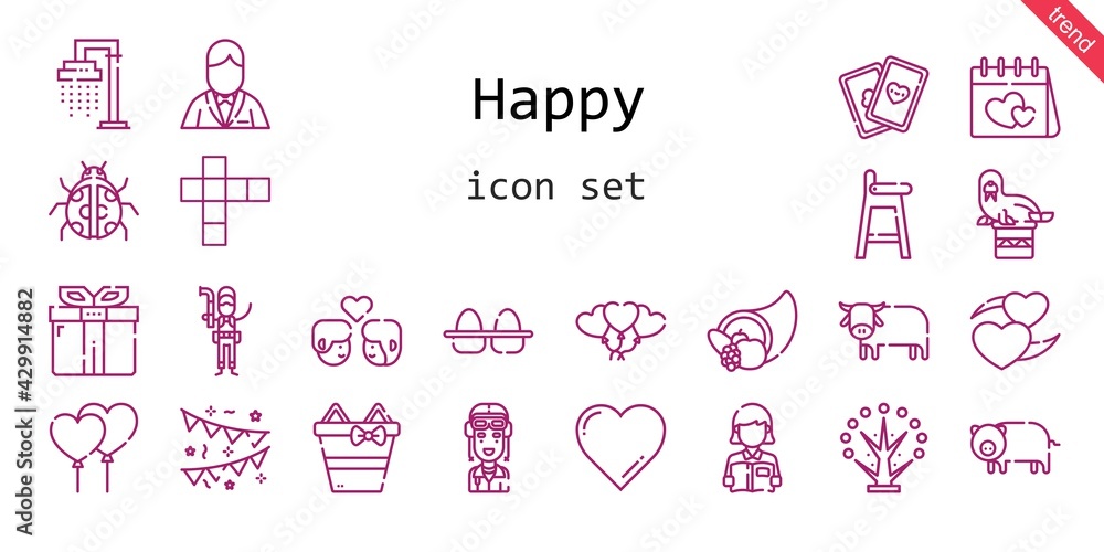 happy icon set. line icon style. happy related icons such as gift, shower, eggs, groom, couple, pilot, cards, balloons, tree, ox, reading, ladybug, garlands, hopscotch, heart, pig, plumber, walrus