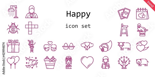 happy icon set. line icon style. happy related icons such as gift, shower, eggs, groom, couple, pilot, cards, balloons, tree, ox, reading, ladybug, garlands, hopscotch, heart, pig, plumber, walrus