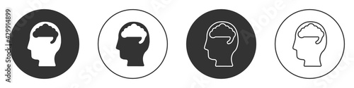 Black Human brain icon isolated on white background. Circle button. Vector