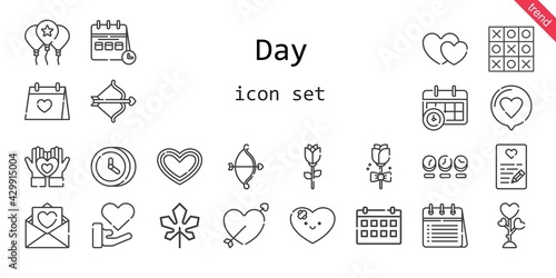 day icon set. line icon style. day related icons such as love, cupid, calendar, balloon, tic tac toe, hearts, wedding day, love letter, rose, clock, heart, maple leaf,