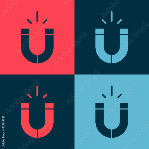 Pop art Magnet icon isolated on color background. Horseshoe magnet, magnetism, magnetize, attraction. Vector