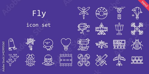 fly icon set. line icon style. fly related icons such as plane, airship, runway, ladybug, zeppelin, control tower, seats, drone, airport, dragonfly, hot air balloon, hubble space telescope, ghost