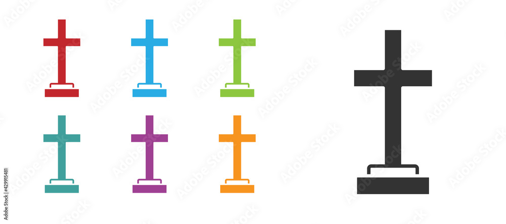 Black Grave with cross icon isolated on white background. Set icons colorful. Vector Black Grave with cross icon isolated on white background. Set icons colorful. Vector